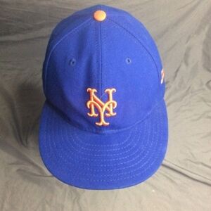 New Era NY Mets Logo Mens Orange Blue Fitted Ball Cap SZ 7 3/8 RN11493 59Fifty